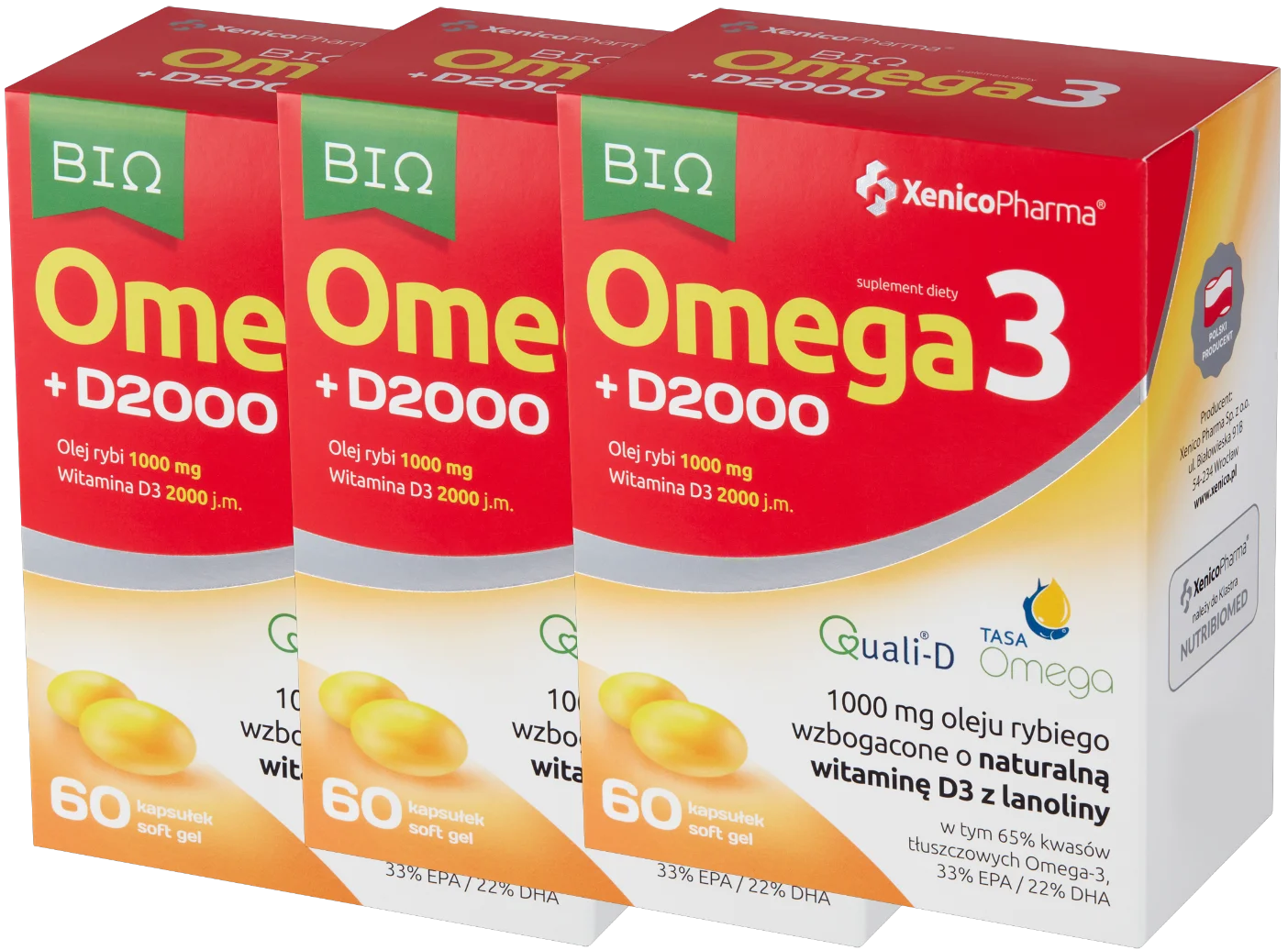 Омега-3 и витамин D3 Xenico Bio Omega-3 D2000, рыбий жир 1000 мг, 3 упаковки по 60 капсул