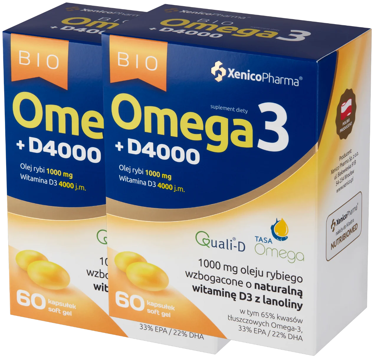 Омега-3 и витамин D3 Xenico Bio Omega-3 D4000, рыбий жир 1000 мг, 2 упаковки по 60 капсул