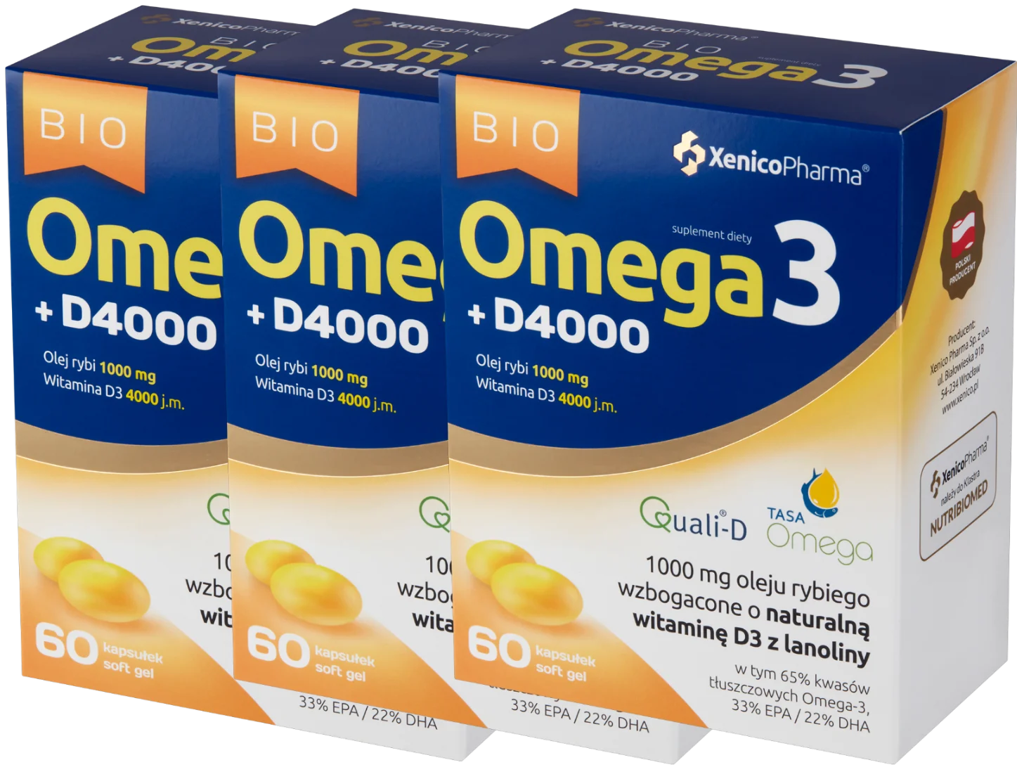 Омега-3 и витамин D3 Xenico Bio Omega-3 D4000, рыбий жир 1000 мг, 3 упаковки по 60 капсул