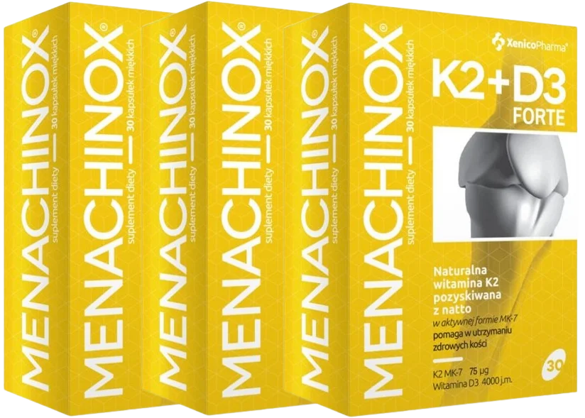 Витамины K2 и D3 Xenico Menachinox K2+D3 Forte, D3 4000 МЕ, K2 75 мкг, мягкие капсулы, 3 упаковки по 30 капсул