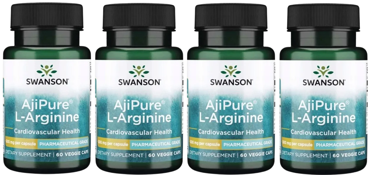 L-аргинин Swanson AjiPure L-Arginine 500 мг, кровообращение, растительные капсулы, 4 упаковки по 60 капсул