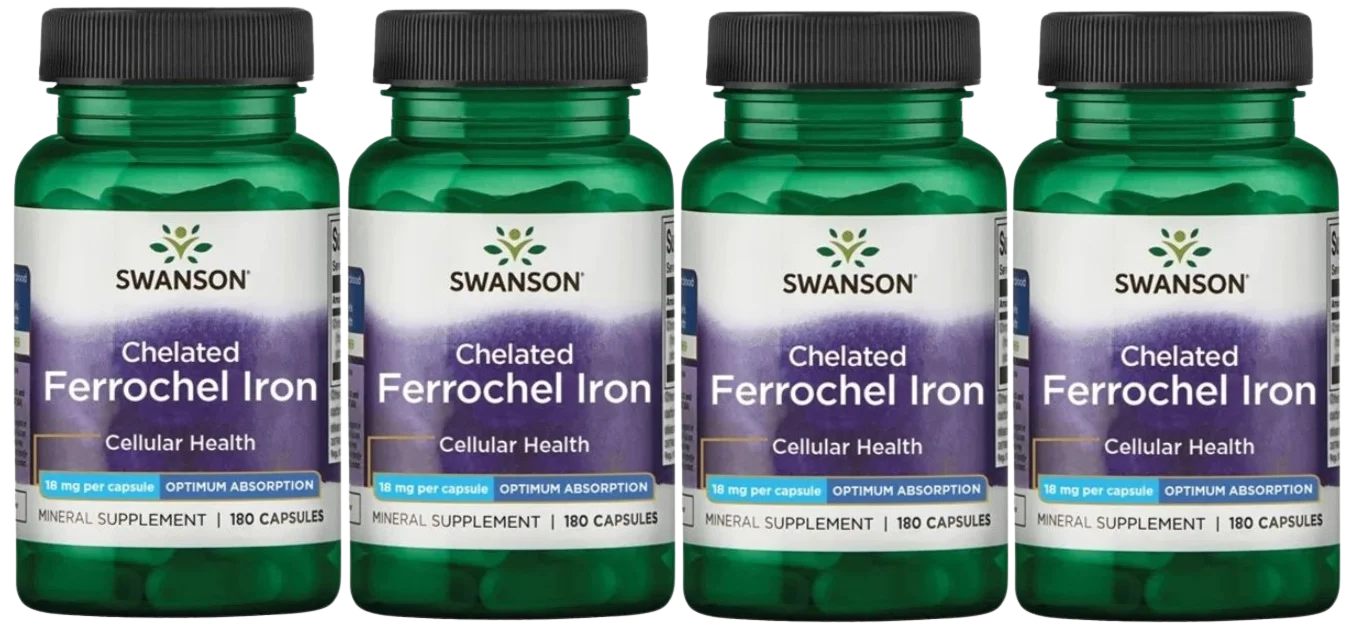 Железо Swanson Chelated Ferrochel Iron 18 мг, хелат, 4 упаковки по 180 капсул