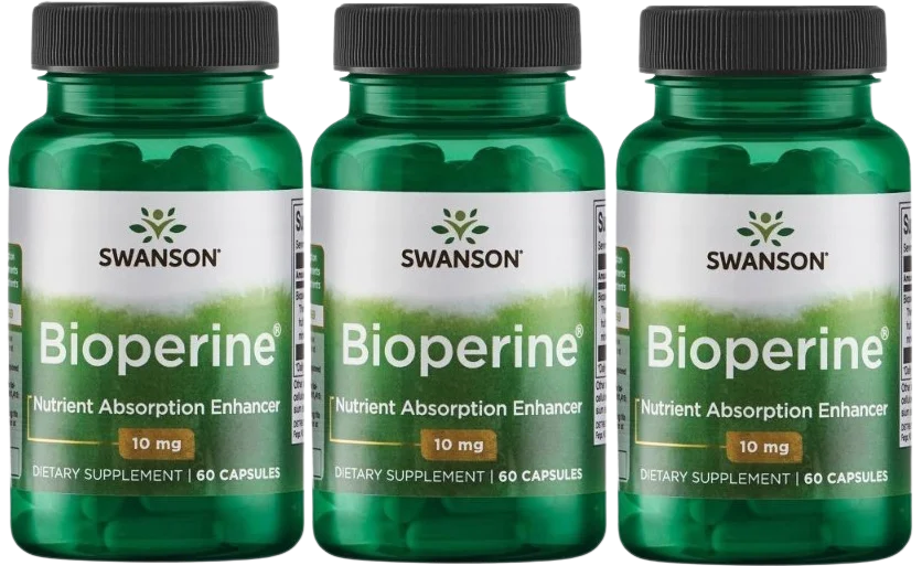 Пиперин Swanson Bioperine 10 мг, экстракт чёрного перца, усвоение нутриентов, 3 упаковки по 60 капсул