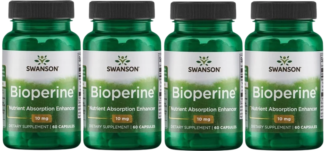 Пиперин Swanson Bioperine 10 мг, экстракт чёрного перца, усвоение нутриентов, 4 упаковки по 60 капсул