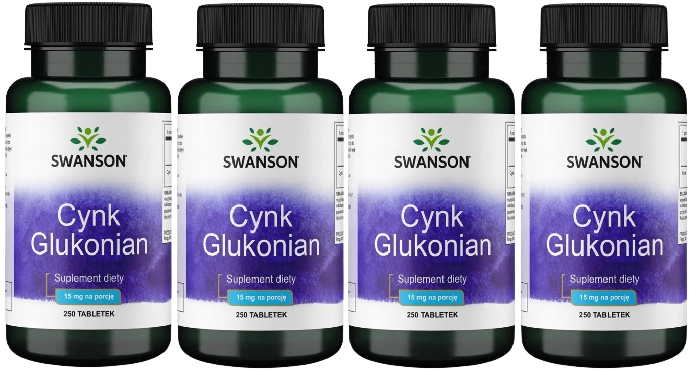Цинк Swanson Zinc Gluconate 15 мг, глюконат, таблетки, 4 упаковки по 250 таблеток