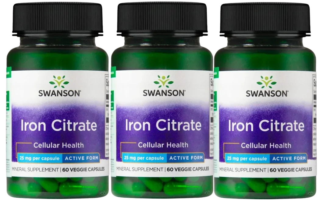 Железо Swanson Iron Citrate 25 мг, цитрат железа, растительные капсулы, 3 упаковки по 60 капсул