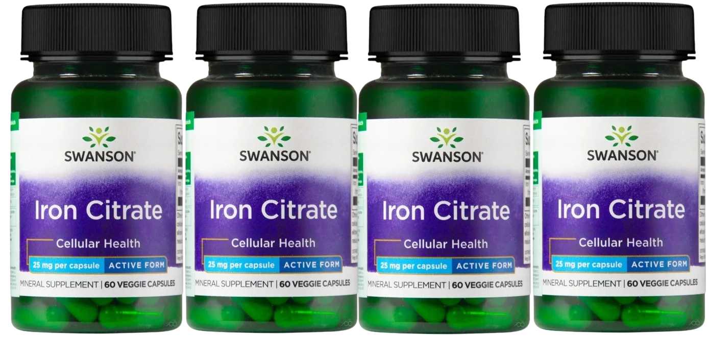 Железо Swanson Iron Citrate 25 мг, цитрат железа, растительные капсулы, 4 упаковки по 60 капсул