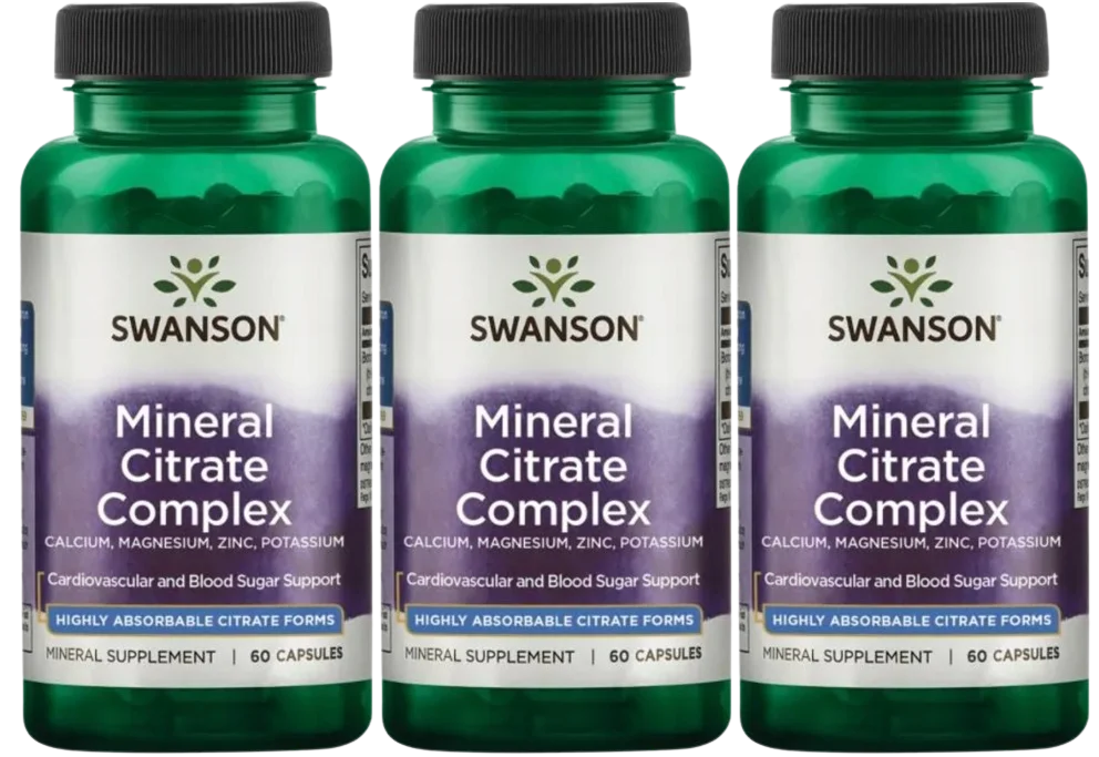 Комплекс минералов Swanson Mineral Citrate Complex, цитраты кальция, магния, калия и цинка, 3 упаковки по 60 капсул