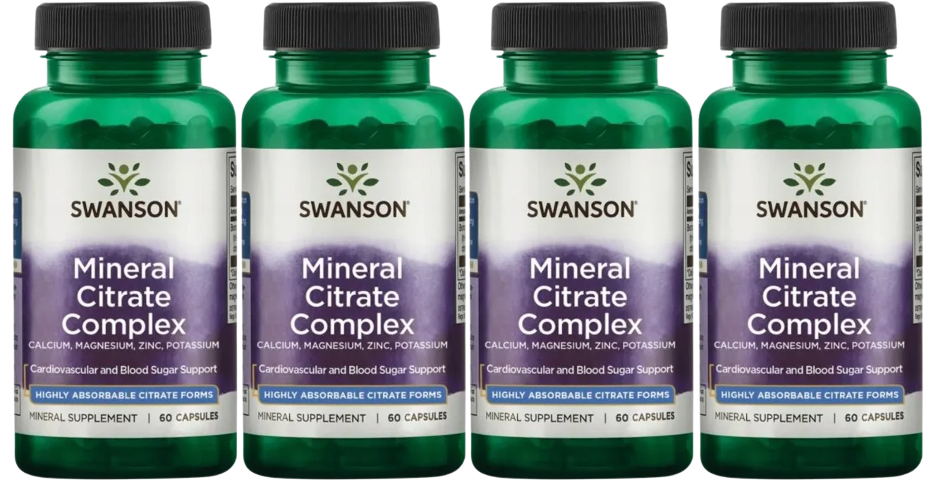 Комплекс минералов Swanson Mineral Citrate Complex, цитраты кальция, калия, магния и цинка, 4 упаковки по 60 капсул