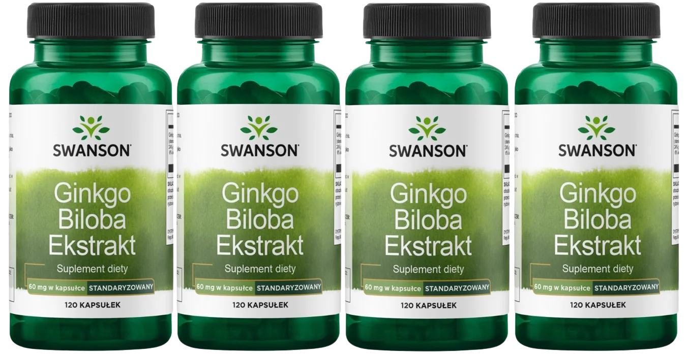 Гинкго билоба Swanson Ginkgo Biloba Extract 60 мг, память и концентрация, 4 упаковки по 120 капсул