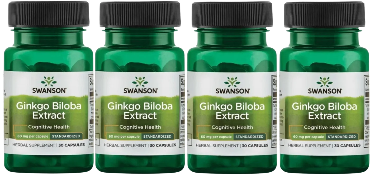 Гинкго билоба Swanson Ginkgo Biloba Extract 60 мг, память и концентрация, 4 упаковки по 30 капсул