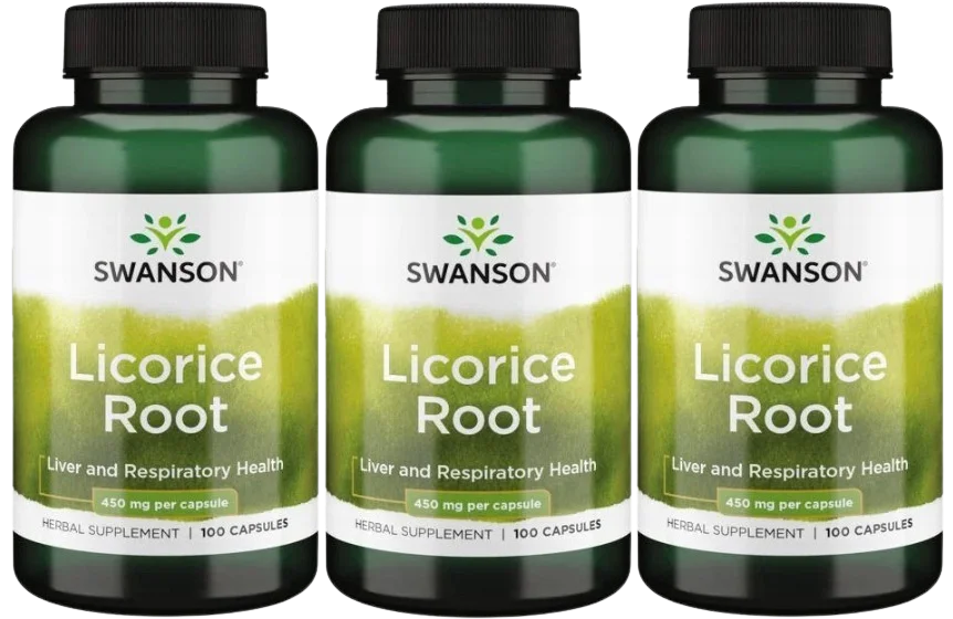 Корень солодки Swanson Licorice Root 450 мг, для пищеварения и печени, 3 упаковки по 100 капсул