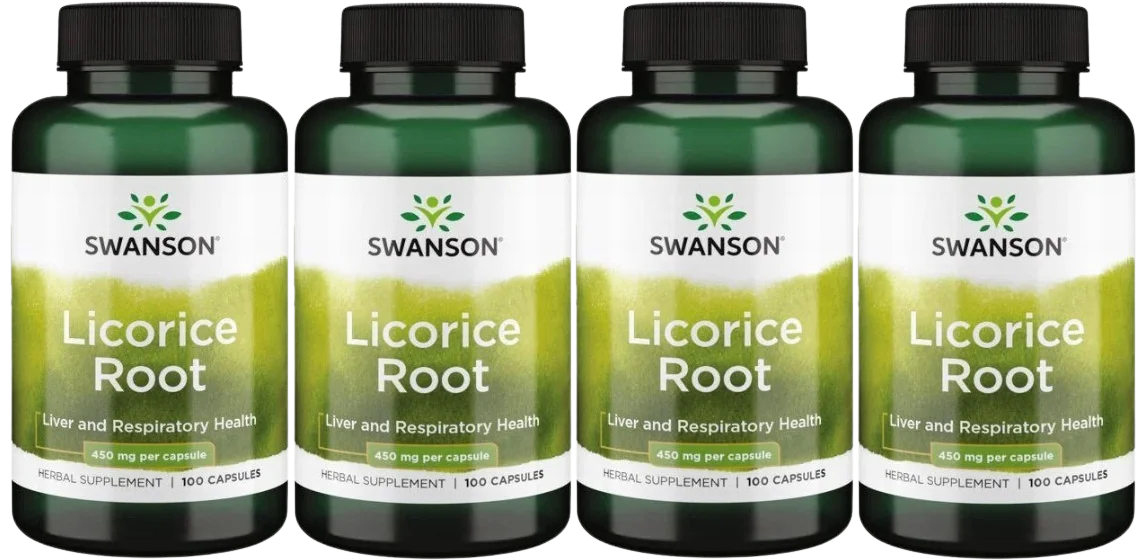 Лакрица Swanson Licorice Root 450 мг, корень лакрицы, 4 упаковки по 100 капсул