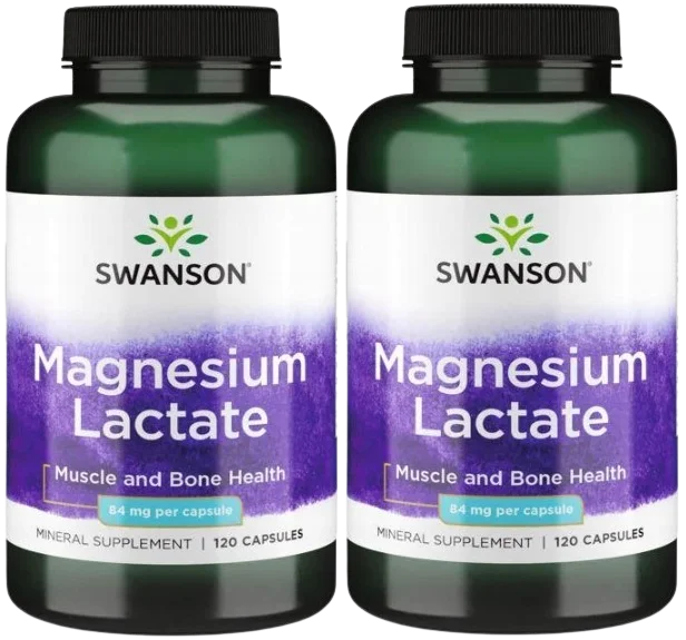 Магний Swanson Magnesium Lactate, лактат магния 84 мг, 2 упаковки по 120 капсул