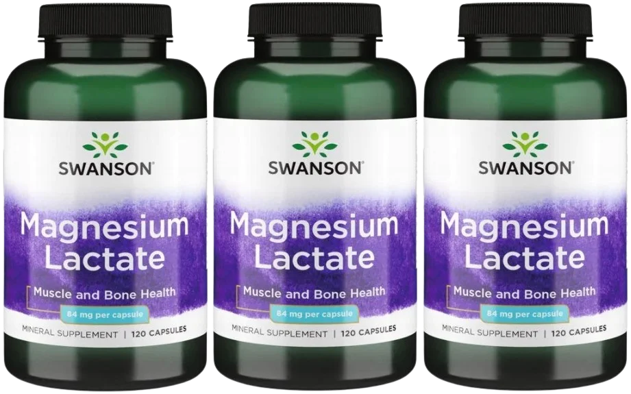 Магний Swanson Magnesium Lactate 84 мг, лактат магния, 3 упаковки по 120 капсул