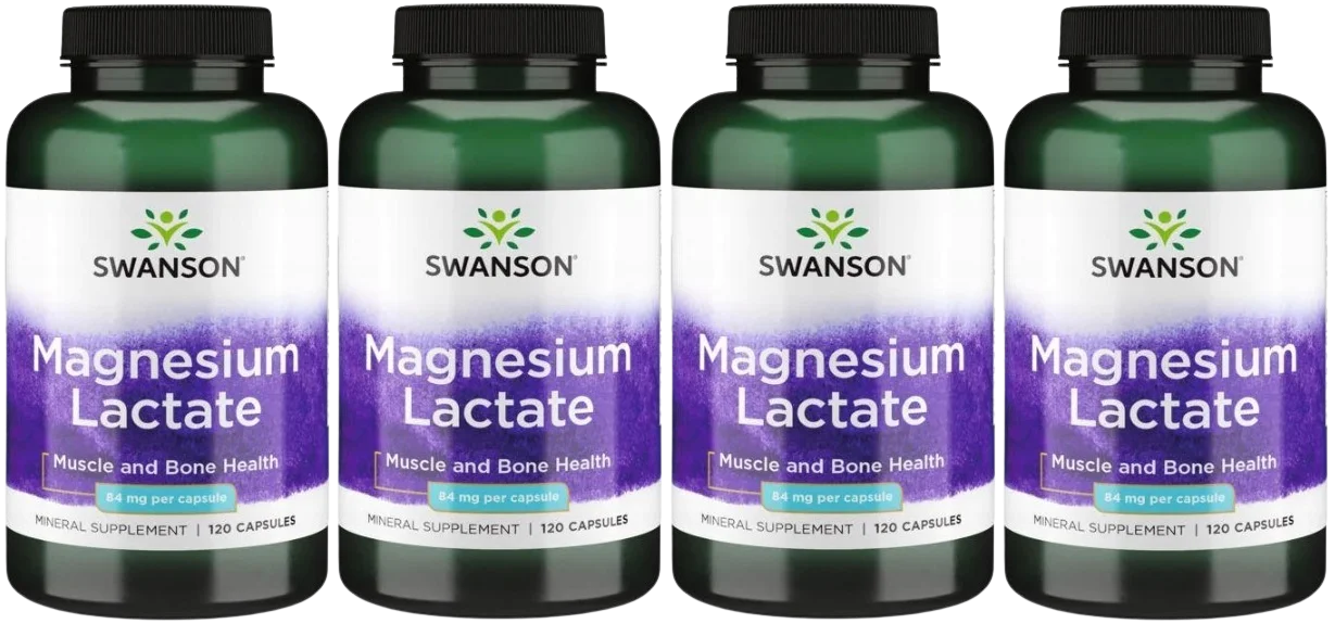 Магний Swanson Magnesium Lactate 84 мг, лактат магния, 4 упаковки по 120 капсул