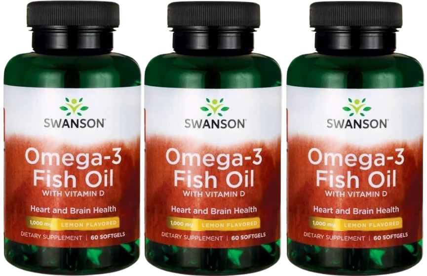 Омега-3 Swanson Omega-3 Fish Oil with Vitamin D, 1000 мг, с витамином D3, 3 упаковки по 60 капсул