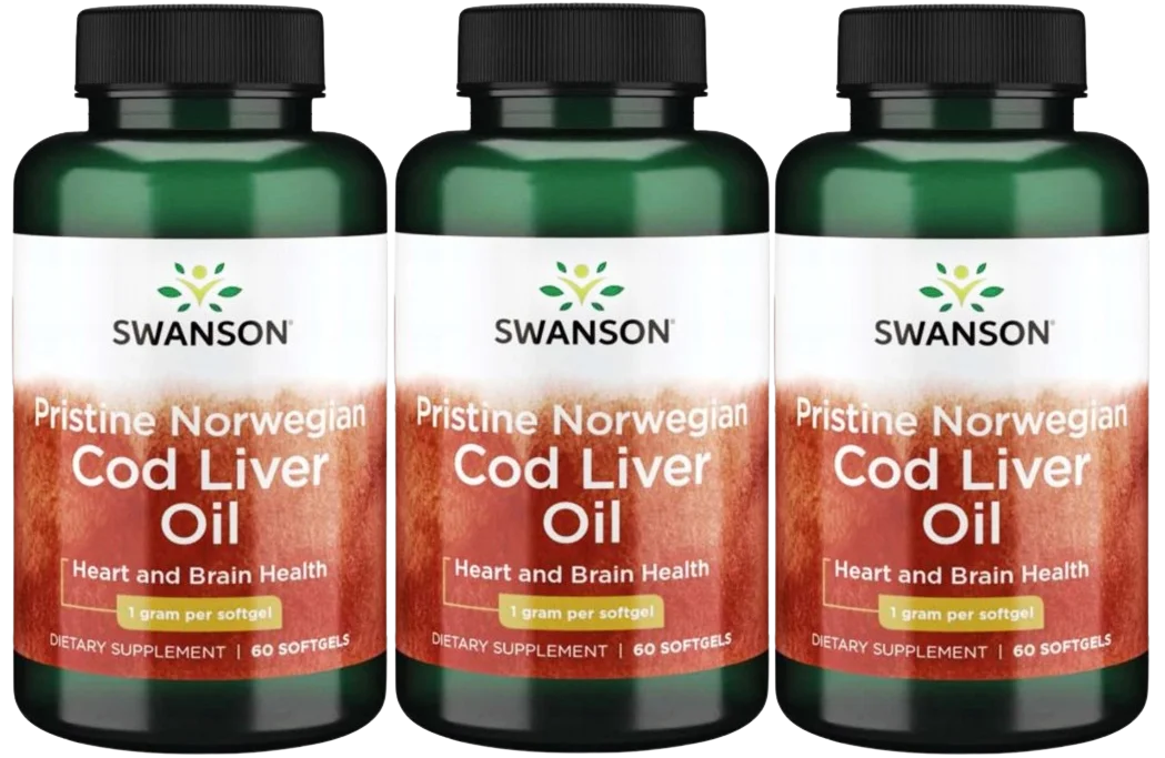 Жир печени трески Swanson Pristine Norwegian Cod Liver Oil, омега-3, витамины A и D, 3 упаковки по 60 капсул