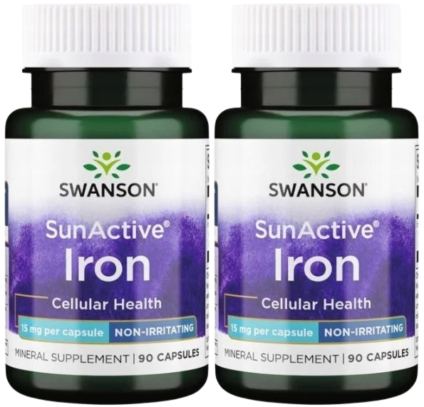 Железо Swanson SunActive Iron 15 мг, пирофосфат железа, 2 упаковки по 90 капсул