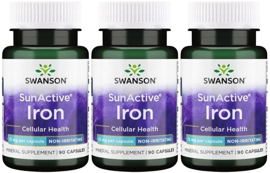 Железо Swanson SunActive Iron 15 мг, пирофосфат железа, 3 упаковки по 90 капсул