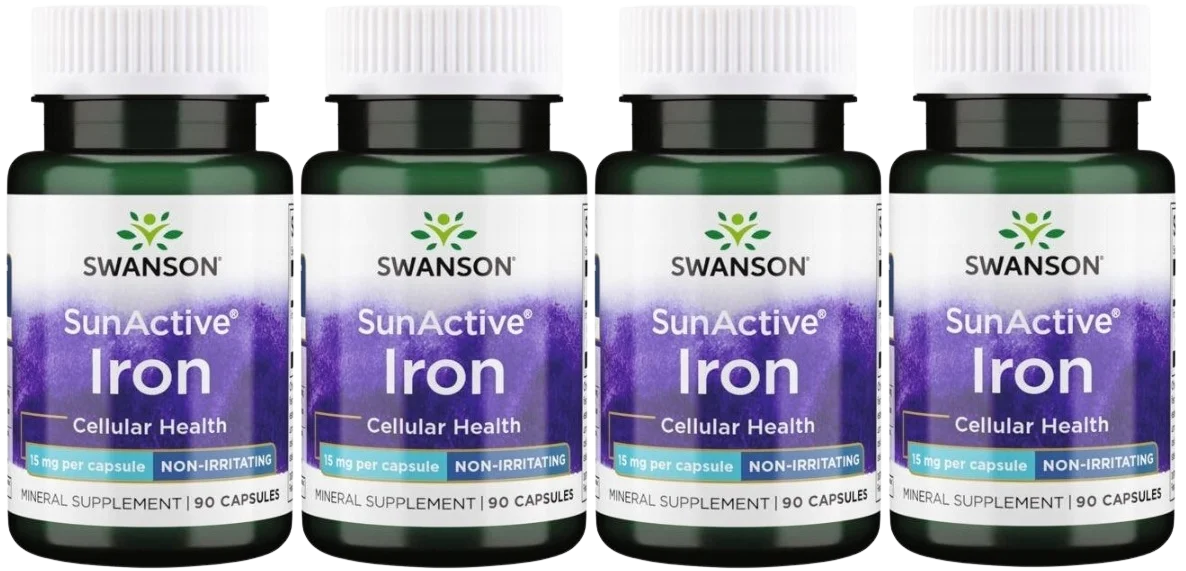 Железо Swanson SunActive Iron 15 мг, пирофосфат железа, 4 упаковки по 90 капсул