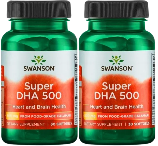Омега-3 Swanson Super DHA 500, масло кальмара, для мозга и сердца, 2 упаковки по 30 капсул