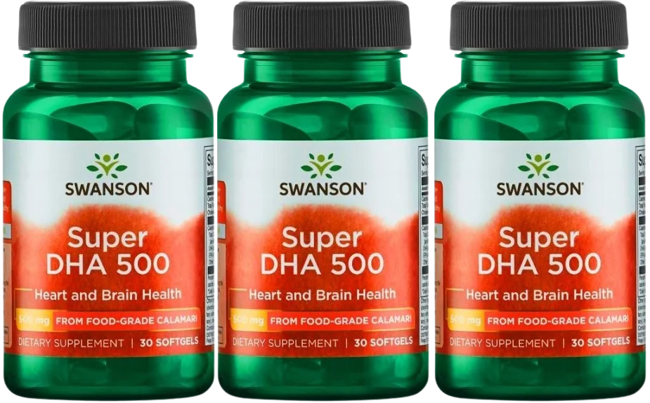 Омега-3 Swanson Super DHA 500, масло кальмара, для мозга и сердца, 3 упаковки по 30 капсул