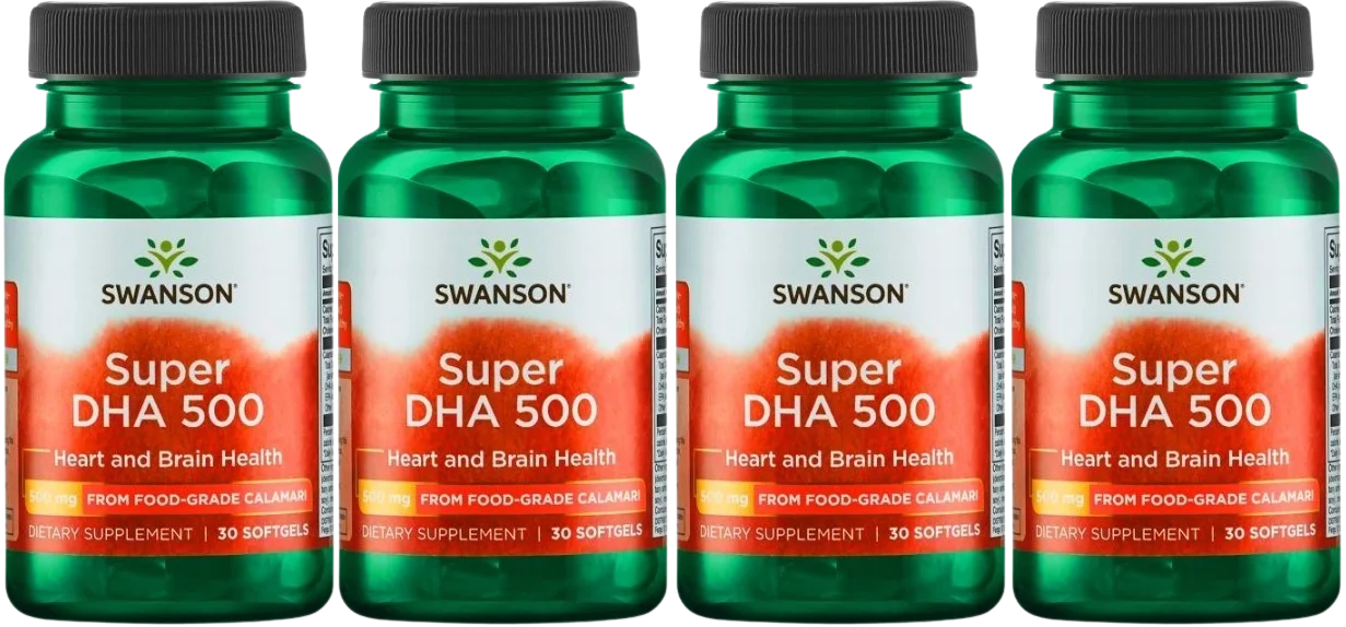 Омега-3 Swanson Super DHA 500, DHA из масла кальмара, мягкие капсулы, 4 упаковки по 30 капсул