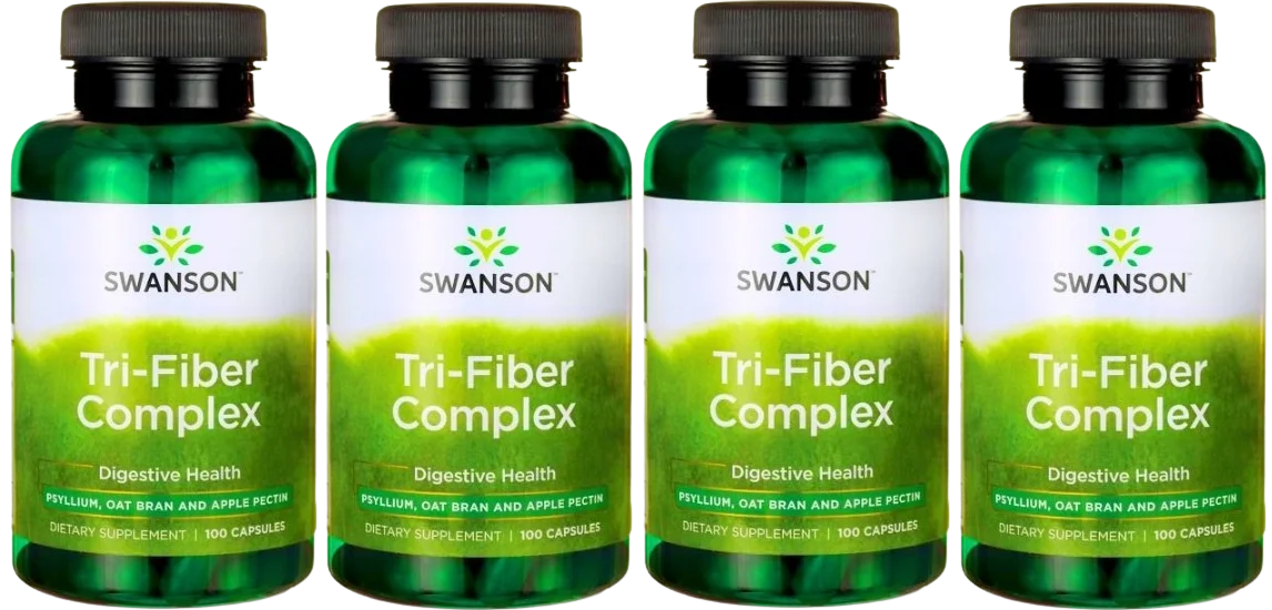 Клетчатка Swanson Tri-Fiber Complex, псиллиум, овсяные отруби и яблочный пектин, 4 упаковки по 100 капсул