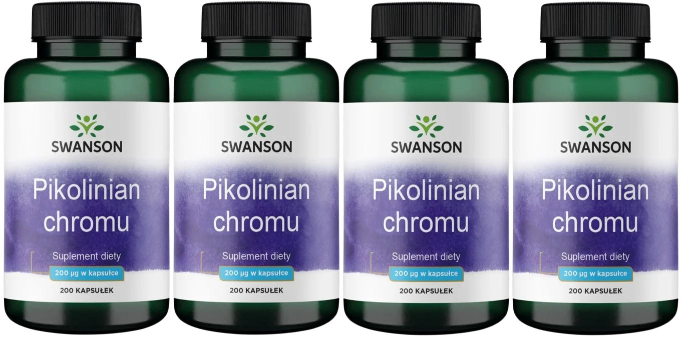 Хром Swanson Chromium Picolinate 200 мкг, пиколинат хрома, 4 упаковки по 200 капсул