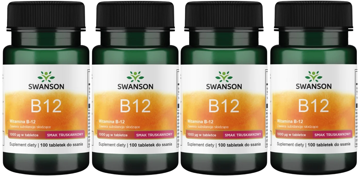 Витамин B12 Swanson 1000 мкг, таблетки для рассасывания, клубника, 4 упаковки