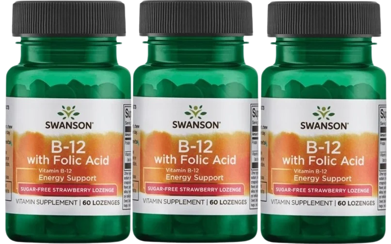 Витамин B12 Swanson B-12 with Folic Acid, с фолиевой кислотой, таблетки для рассасывания, клубника, 3 упаковки по 60 таблеток