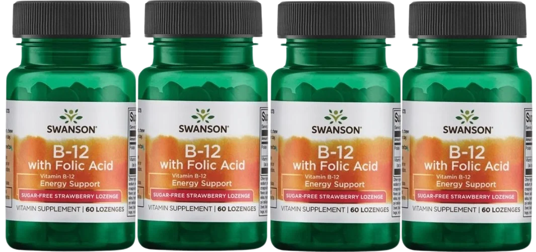 Витамин B12 Swanson B-12 with Folic Acid, с фолиевой кислотой, таблетки для рассасывания, клубника, 4 упаковки по 60 таблеток