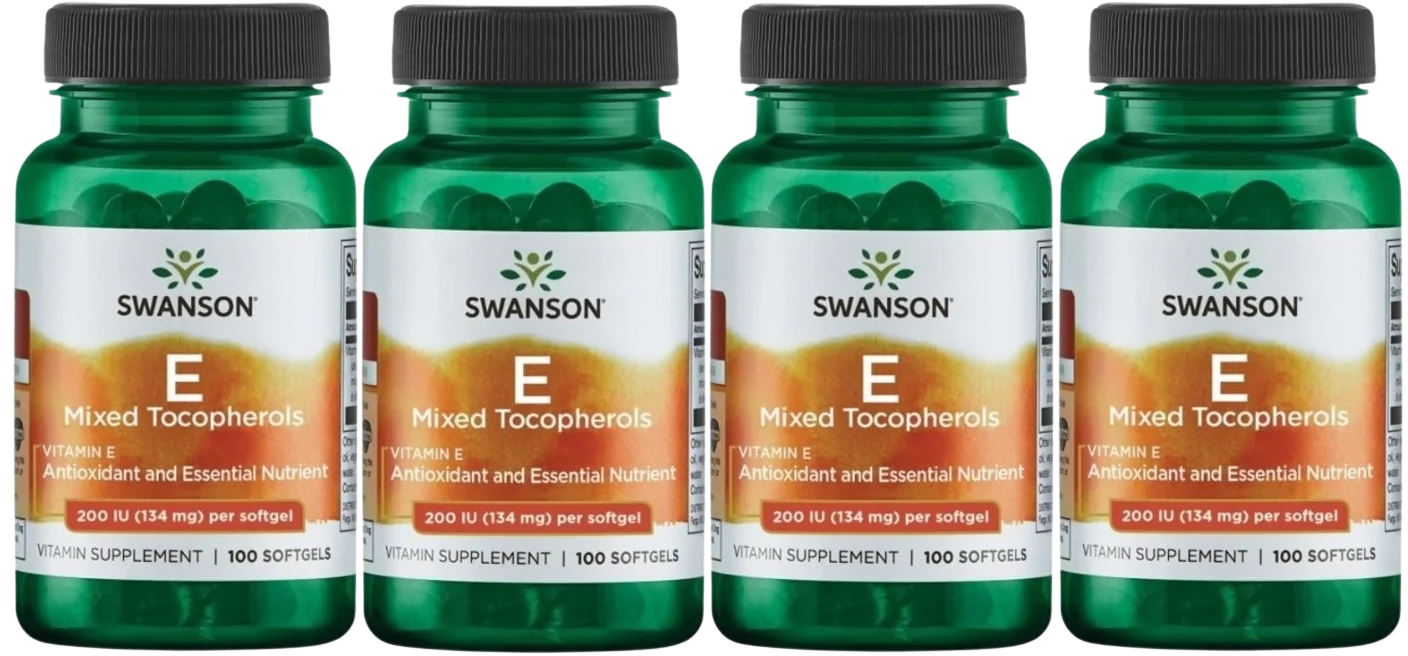 Витамин E Swanson Mixed Tocopherols 200 МЕ, смесь токоферолов, гелевые капсулы, 4 упаковки по 100 капсул