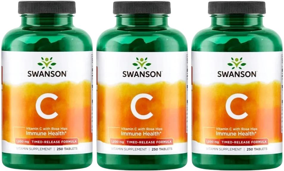Витамин C Swanson Vitamin C with Rose Hips 1000 мг, с шиповником, 3 упаковки по 250 таблеток