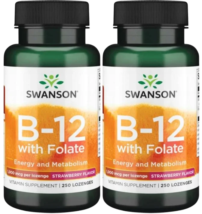 Витамин B12 с фолатом Swanson B-12 with Folate, 1000 мкг, вкус клубника, таблетки для рассасывания, 2 упаковки по 250 шт
