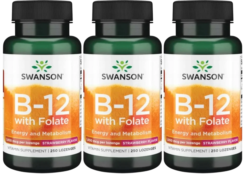Витамин B12 Swanson B-12 with Folate 1000 мкг, с фолатом, таблетки для рассасывания, клубника, 3 упаковки по 250 таблеток