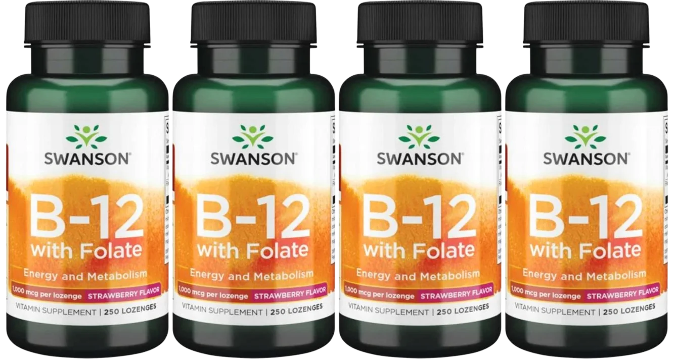Витамин B12 Swanson B-12 with Folate 1000 мкг, с фолатом, таблетки для рассасывания, клубника, 4 упаковки по 250 таблеток
