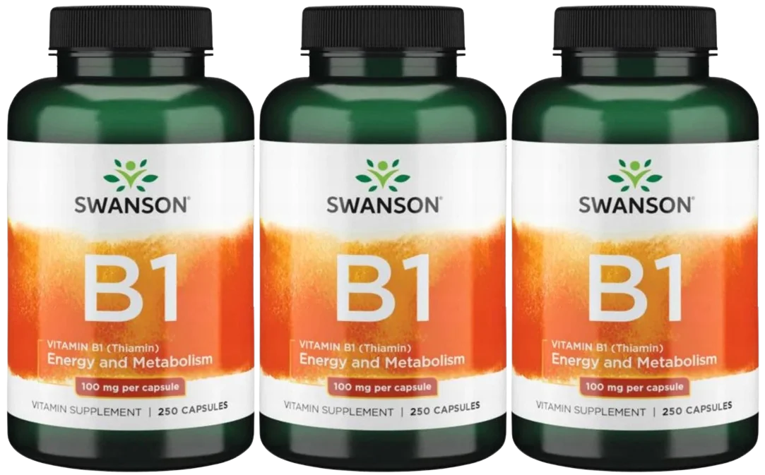 Витамин B1 Swanson Thiamin 100 мг, тиамин, 3 упаковки по 250 капсул