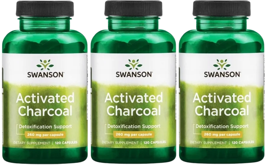 Активированный уголь Swanson Activated Charcoal 260 мг, для пищеварения, 3 упаковки по 120 капсул