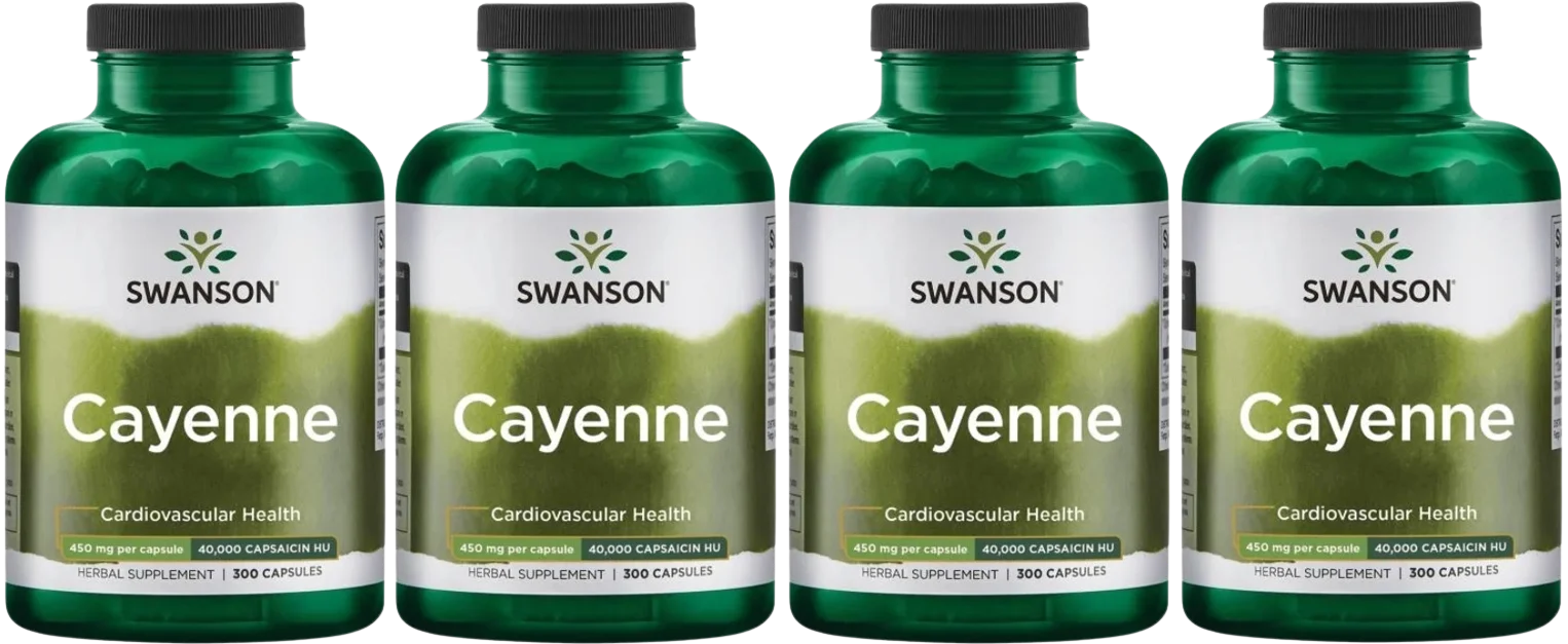 Кайенский перец Swanson Cayenne 450 мг, 40 000 SHU, кровообращение, 4 упаковки по 300 капсул