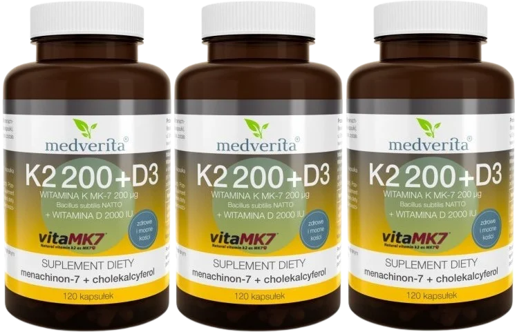 Витамин K2 и D3 Medverita, MK-7 200 мкг и D3 2000 МЕ, 3 упаковки по 120 капсул