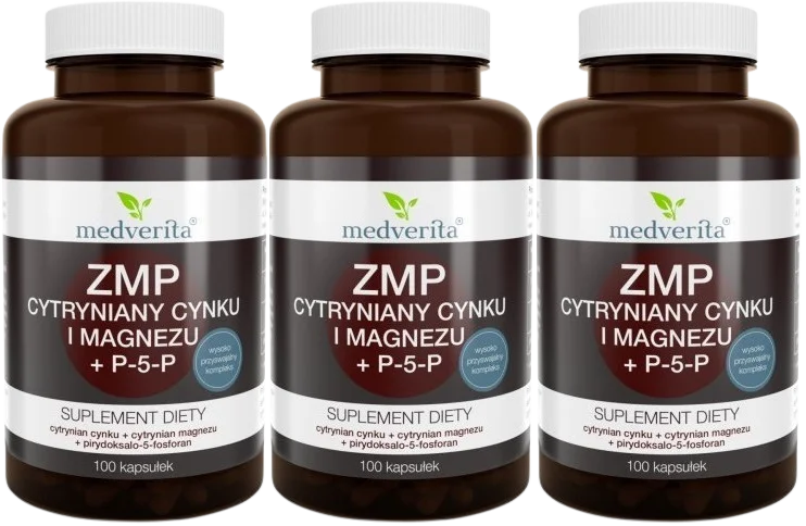 Цинк и магний Medverita ZMP, цитраты, с P-5-P, 3 упаковки по 100 капсул