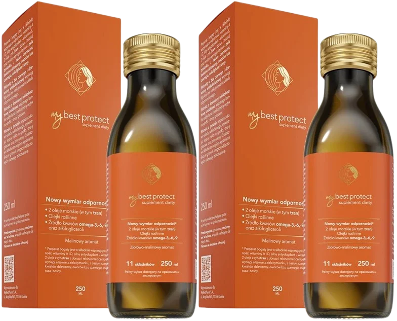 Рыбий жир MyBestPharm MyBestProtect, с витамином D3 2000 МЕ, травы и малина, от 6 лет, 2 флакона по 250 мл