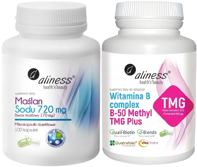 Набор Aliness бутират натрия 720 мг и витамины B-50 Complex Methyl TMG, 2 упаковки по 100 капсул