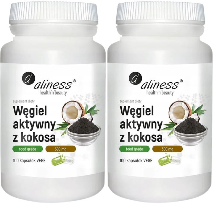 Активированный уголь Aliness из кокоса, Food Grade, 300 мг, 2 упаковки по 100 капсул