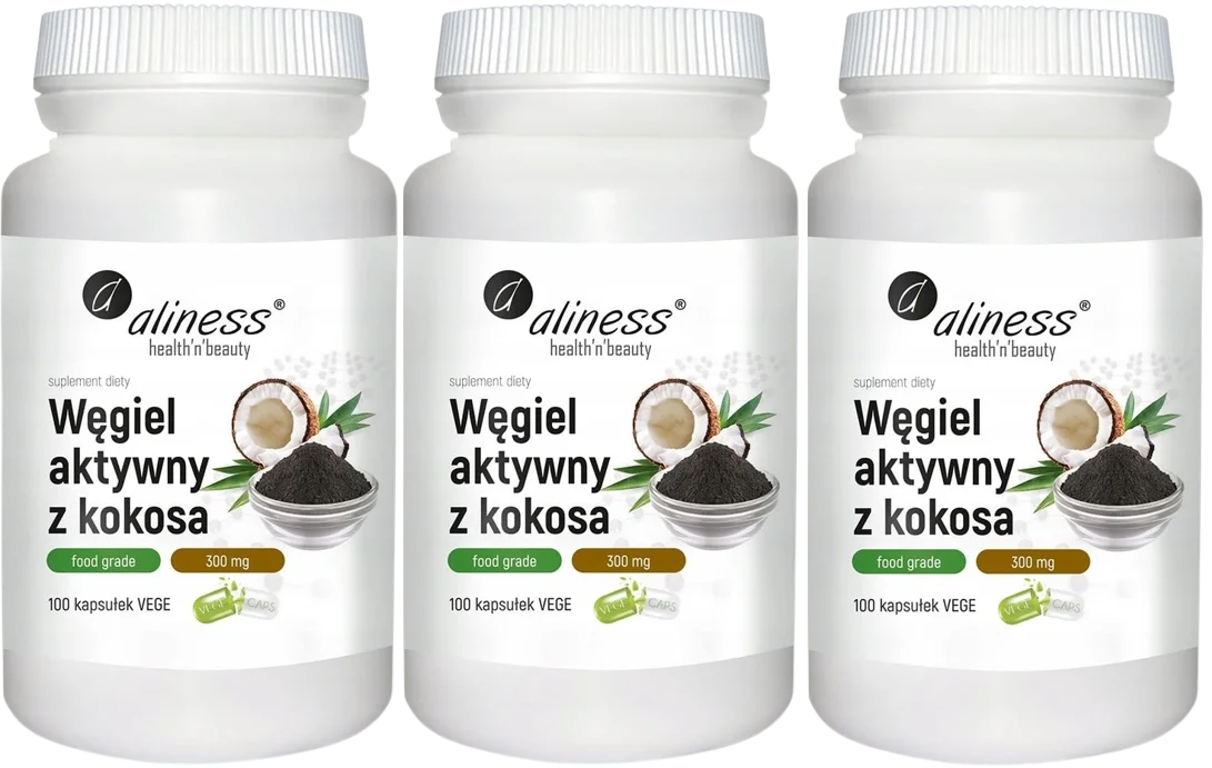 Активированный уголь Aliness Food Grade, из кокоса, 300 мг, 3 упаковки по 100 капсул