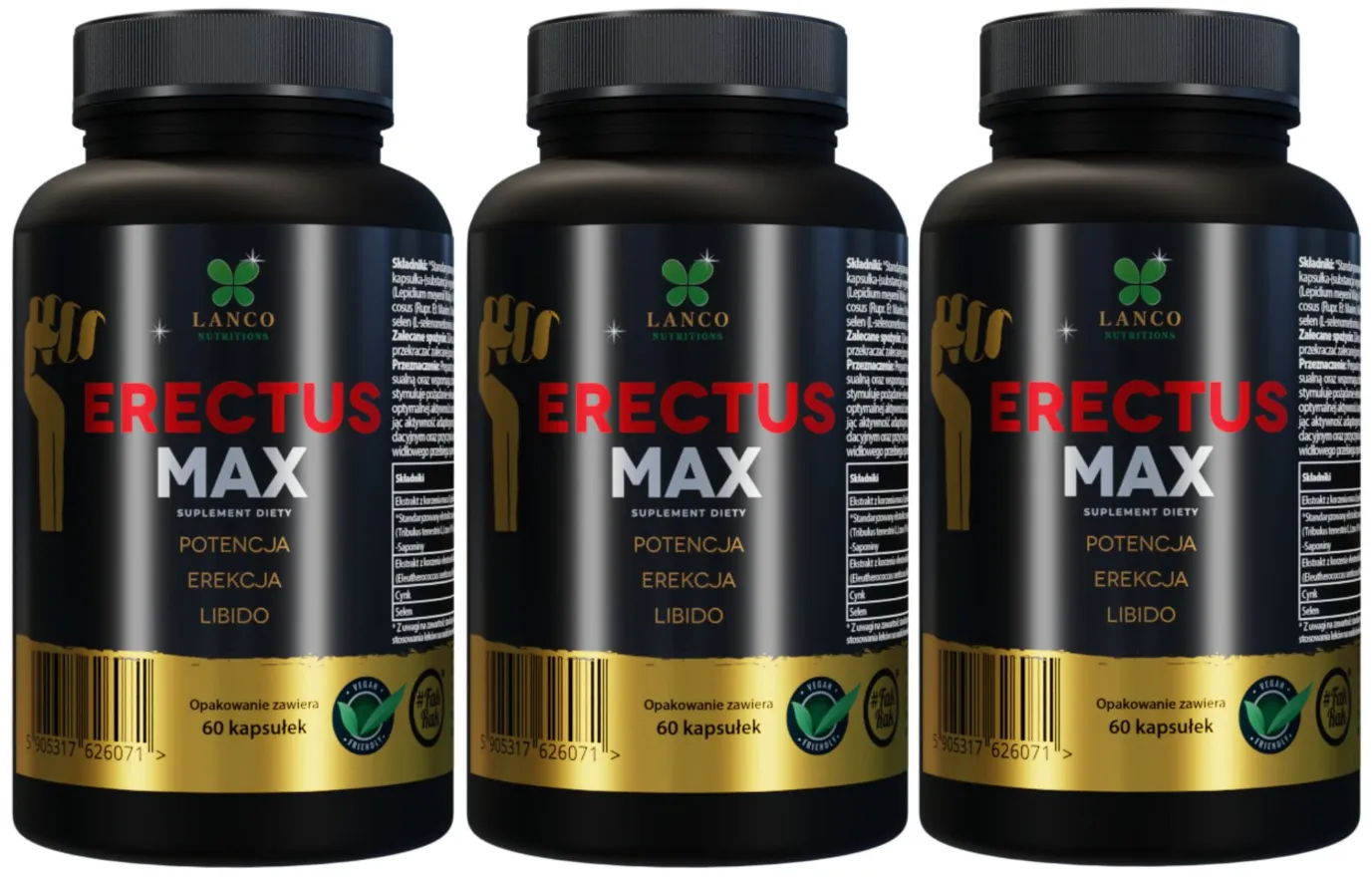 Комплекс для мужчин Lanco Nutritions Erectus Max, либидо, 3 упаковки по 60 капсул