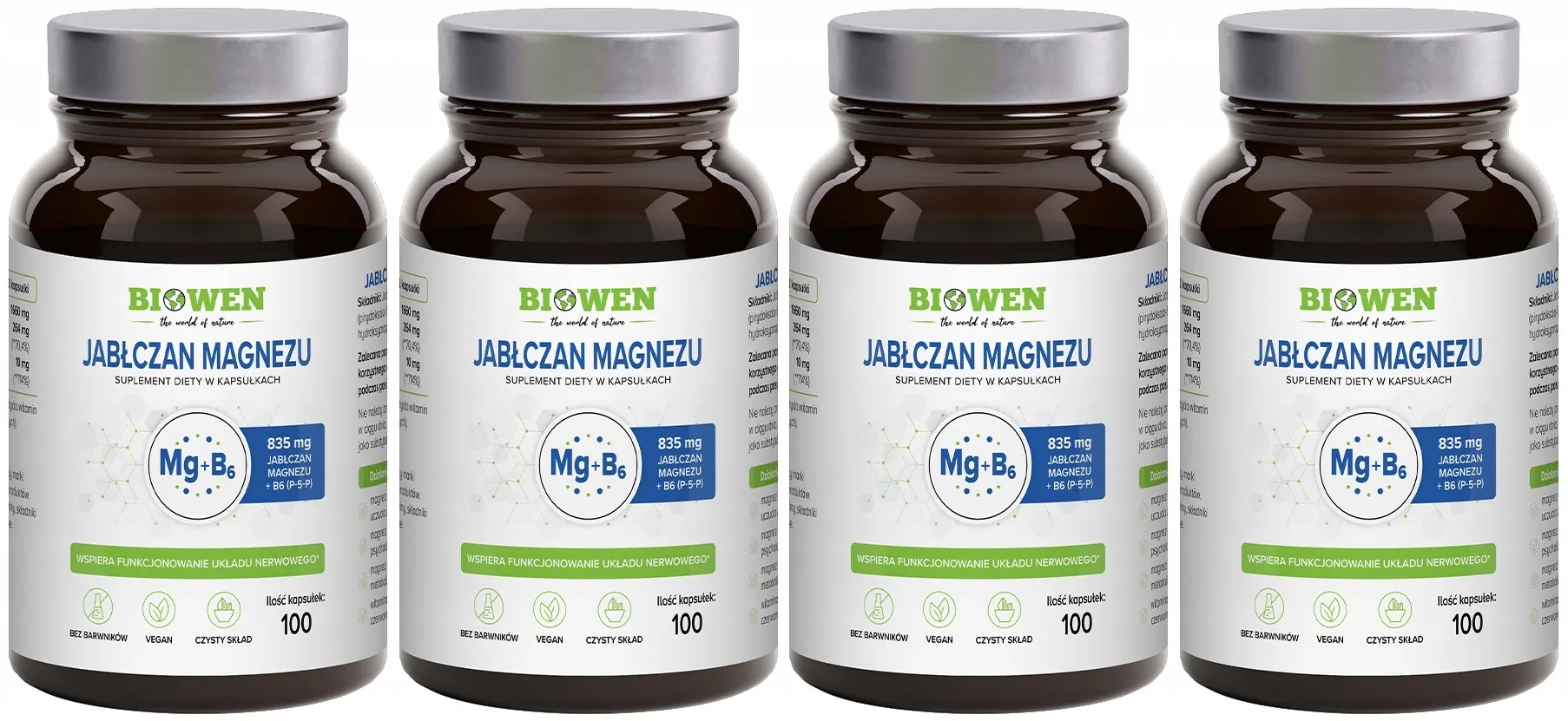 Магний Biowen, малат магния 835 мг, с витамином B6 P-5-P, 4 упаковки по 90 капсул