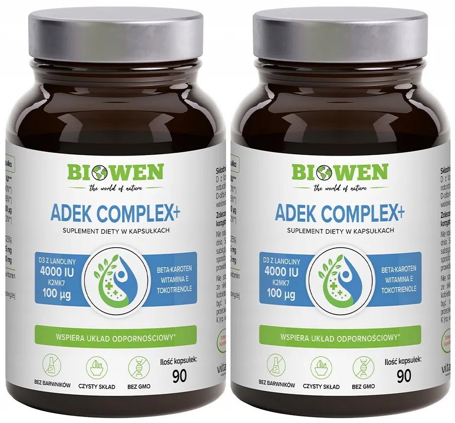 Витамины A, D, E, K Biowen ADEK Complex+, D3 4000 МЕ и K2 MK-7, 2 упаковки по 90 капсул